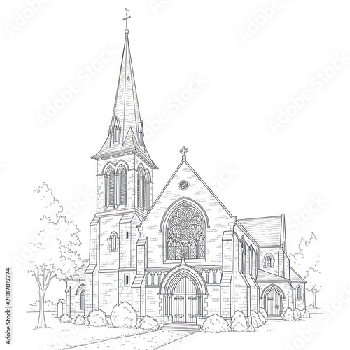 Simple line drawing of a historic church with bell tower