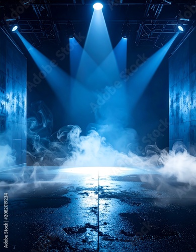 Dramatic stage lighting with smoke effects over wet surface