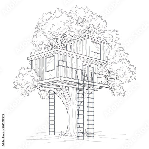 A whimsical treehouse with a ladder and balcony nestled in a tree
