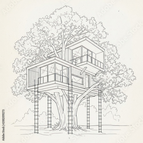 Architectural sketch of a treehouse with multiple levels and trees