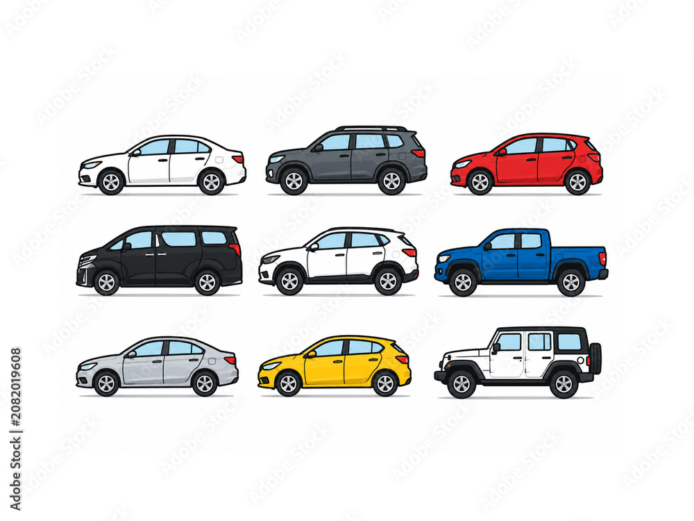 Fototapeta premium A collection of diverse vehicle types including SUVs, sedans, and trucks shown in a clean side profile view.