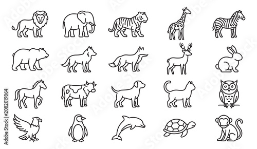 Canvas Print Minimalist animal line icons set, 20 wild and domestic animal vector illustratio