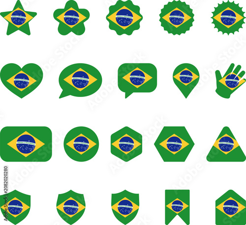 Brazil Flag Icon Set – Various Shapes Including Star, Heart, Shield, Circle, Hexagon and Badge with Brazilian National Flag Design