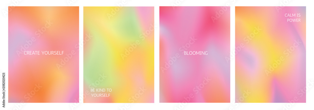 Fototapeta premium Poster set with motivate and inspirational phrase. Gradient blurred background with massage. Patel pink red mesh. Blurred y2k smooth wavy multicolor wallpaper