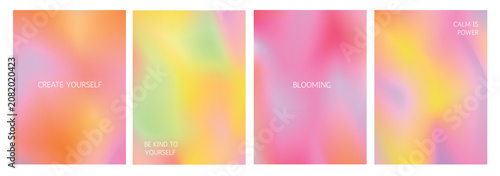 Poster set with motivate and inspirational phrase. Gradient blurred background with massage. Patel pink red mesh. Blurred y2k smooth wavy multicolor wallpaper