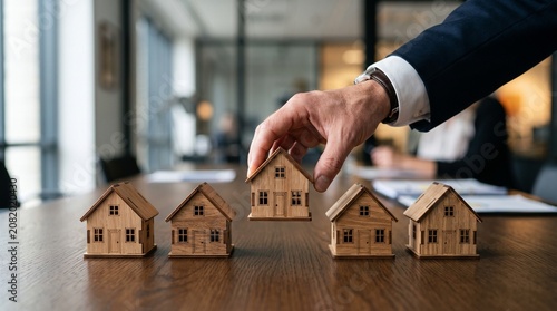 depicts a close-up of a person's hand, wearing a suit jacket and a watch, placing a small wooden model house into a row of similar model houses on a wooden table.