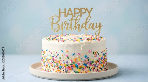 A white frosted birthday cake with colorful sprinkles and a gold 'happy birthday' topper on a white plate