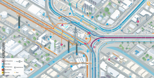 Photos Intricate urban transportation network map illustrating intersecting roads, railways, and transit lines with a detailed legend for navigation