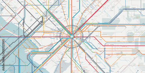 Obraz na plátně Detailed schematic map of a complex urban public transport network with numerous intersecting colored lines radiating from a central hub