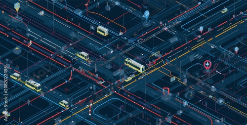 Cuadro en lienzo Isometric digital map of a smart city transportation network with vehicles and data flow visualization