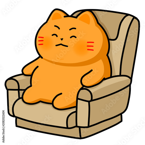 A cute chubby orange cat sitting and relaxing on a cozy armchair illustration, A cozy lifestyle of a chubby cat cartoon