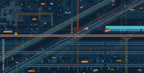 Obraz na plátně Overhead digital blueprint view of a futuristic city with intricate transportation networks, including highways, railways, and various vehicles