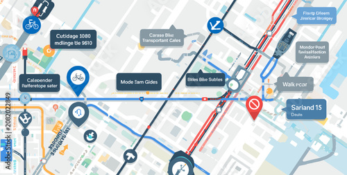 Schilderij op canvas Detailed urban map displaying various transportation routes, points of interest, and public transit connections for city navigation