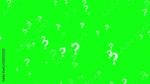 Digital animation featuring a question mark against a green background, a stream of passing question marks, abstract vector illustration, and concept art. 4K video.