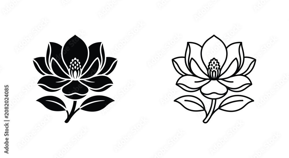 Fototapeta premium Black and white magnolia flower icons set Vector