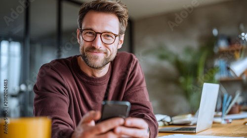 Investidor financeiro trabalhando dentro do escritório , empresário usa seu telefone ao lado do computador e sorri com as boas notícias do se smartphone sobre seus investimentos.