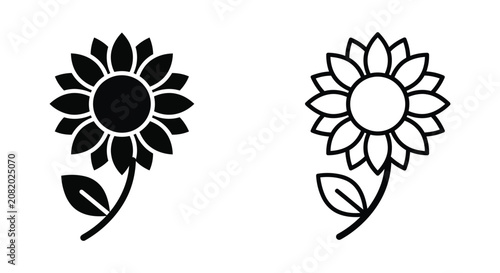 Black and white sunflower flower icons set with solid and outline graphic styles Vector