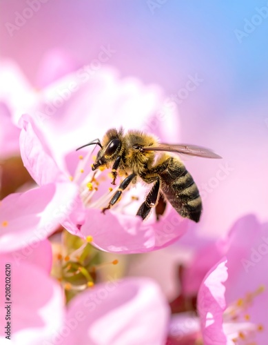 Insect gathering nectar from delicate pink flower blossom close up macro