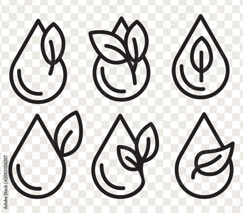 Minimal line art water drop and leaf icons pack for eco signs