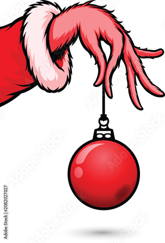 Red Furry Hand Holding Red Christmas Ornament Vector