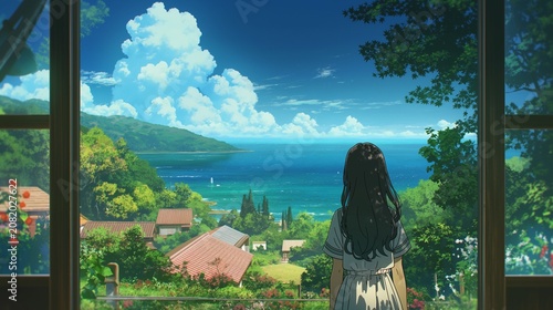 家から田舎の夏の海を眺めるアニメ調の美少女