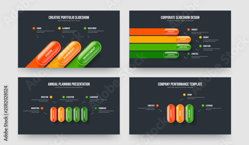 Company Forecast 3 4 5 Element Infographic Slide Design Bundle. Service Innovation Three Four Five Option Diagram Slideshow Template Vector Illustration Set.