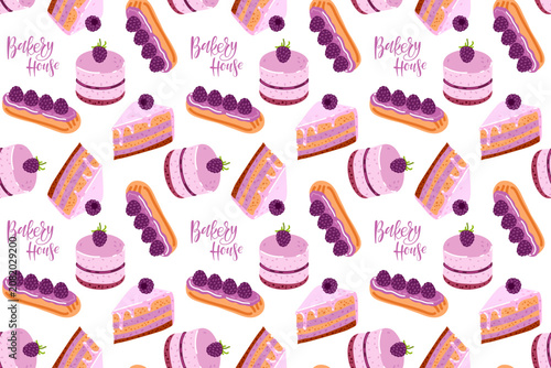 Seamless pattern with blackberry desserts and text Bakery House. Sweet berry treats repeating design. Vector illustration. Great for bakery branding, cafe wallpaper, dessert packaging, or menu design