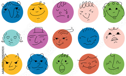 Slika na platnu Collection of colorful hand-drawn faces representing various human emotions and