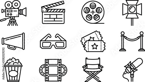 Foto Cinema and movie production linear icon set featuring video cameras clapperboard
