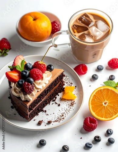 Fresh Fruit Topped Chocolate Cake with Iced Coffee.
