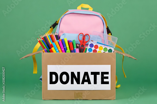 Donate to Learn: A cardboard box filled with school supplies and a backpack, ready for donation to support education.