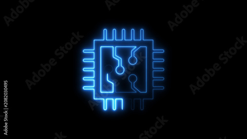 Canvastavla Blue neon glowing microchip on black background circuit