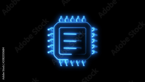 Glowing blue microchip with flame sparks on black background neon