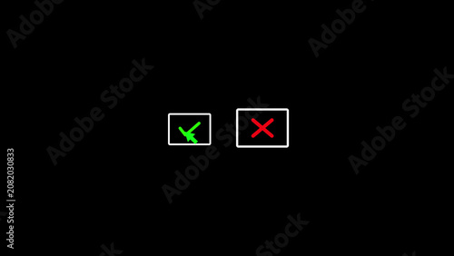 Green checkmark and red cross symbols on black background checkboxes