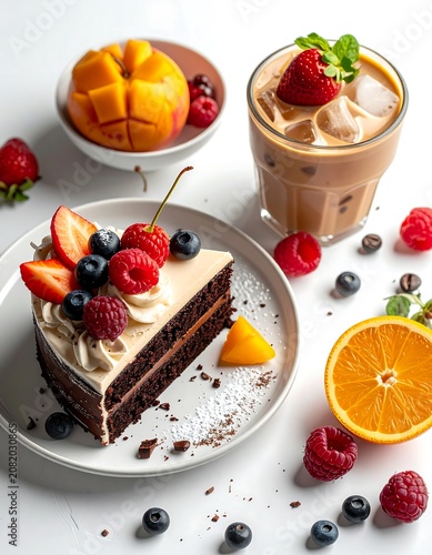 Fresh Fruit Topped Chocolate Cake with Iced Coffee.