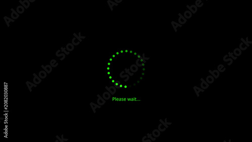 Green loading circle with please wait text on black background green dots loading animation
