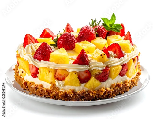 Fresh Fruit Topped Cream Cake on Plate.