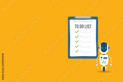 Robot with artificial intelligence and to do list. Successful execution of business tasks at the office.	