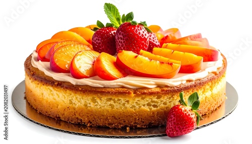Fresh Fruit Topped Cream Cake on Silver Platter.