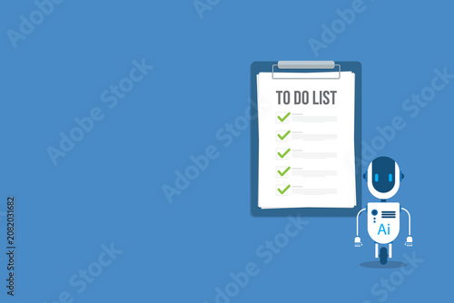 Robot with artificial intelligence and to do list. Successful execution of business tasks at the office.	
