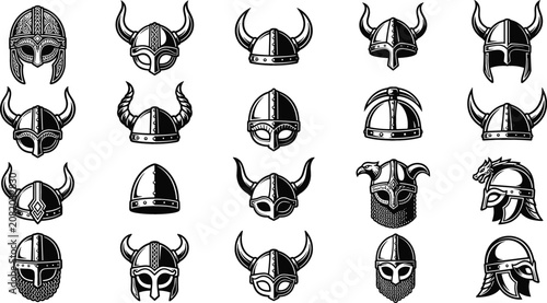 Tableau sur toile Viking Helmet Icon Set with Horned Warrior Headgear and Medieval Nordic Knight A
