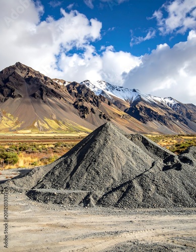 Mountain landscape with gravel pile and cloudy sky