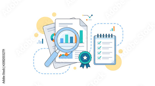 Business data analysis concept with magnifying glass over financial charts and checklist document.