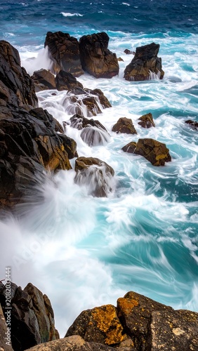 Ocean waves crashing against rocky coastline natural power and beauty
