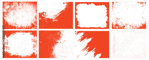 Konstfotografi Abstract background collection featuring eight distinct panels of vibrant orange and white grunge elements, including distressed textures, dirty splatters, and rough graphic border frames