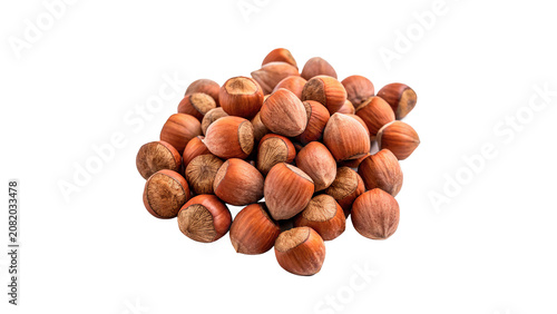 Pile of dry organic raw whole unpeeled hazelnuts gathered together isolated on transparent background