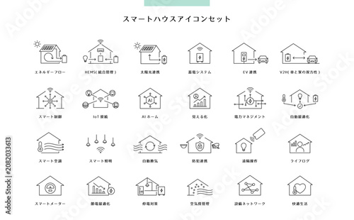スマートハウスアイコンセット24選｜HEMS・IoT・ホームオートメーション・エネルギーマネジメントのシンプル線画ベクター