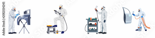 Schilderij op canvas Set of professional automotive painters and detailers in protective suits working on car parts, flat vector illustration