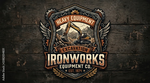 Ironworks equipment company emblem with excavator and mountains on dark wood background.