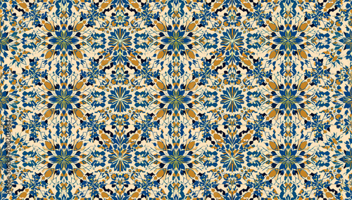 Photos Intricate kaleidoscopic pattern with symmetrical floral and starburst motifs in shades of blue, teal, gold, and cream, creating a rich, textured design